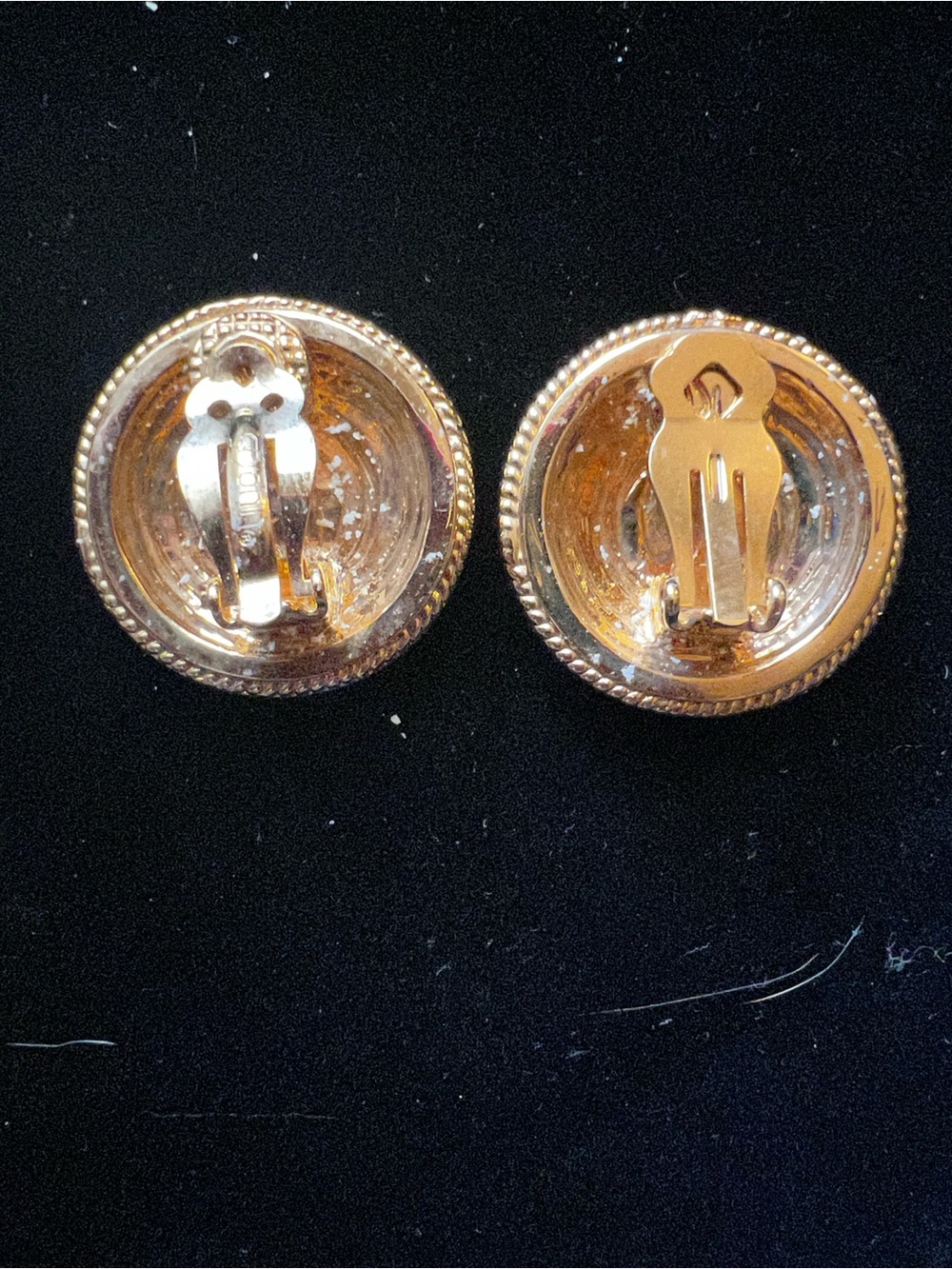 Vintage St John Gold Tone and Enamel Logo Clip Back Earrings - Picture 5 of 5